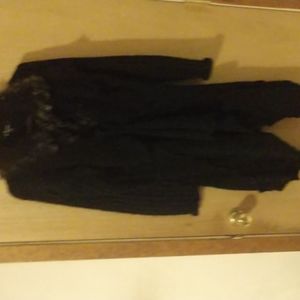 Cecico Brand Black Ruffled Long Cardigan With Cream Faux Fur Collar-New Pics